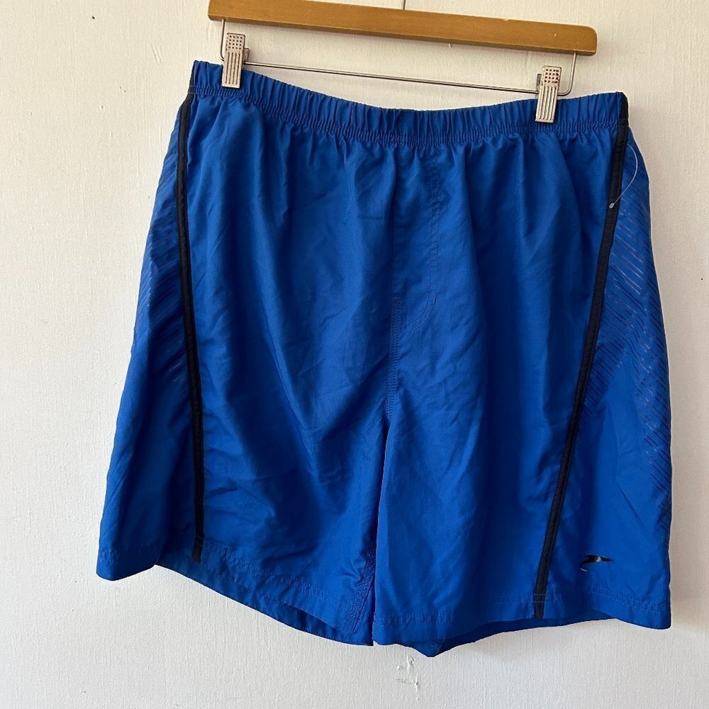 Speedo Swim‎ Trunks Mens Large Blue Elastic Waist Zip Pocket Lined VTG Shorts